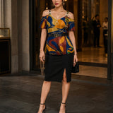 Women's blue multicolor pants set with off-shoulder V-neck top and navy blazer — additional view 9