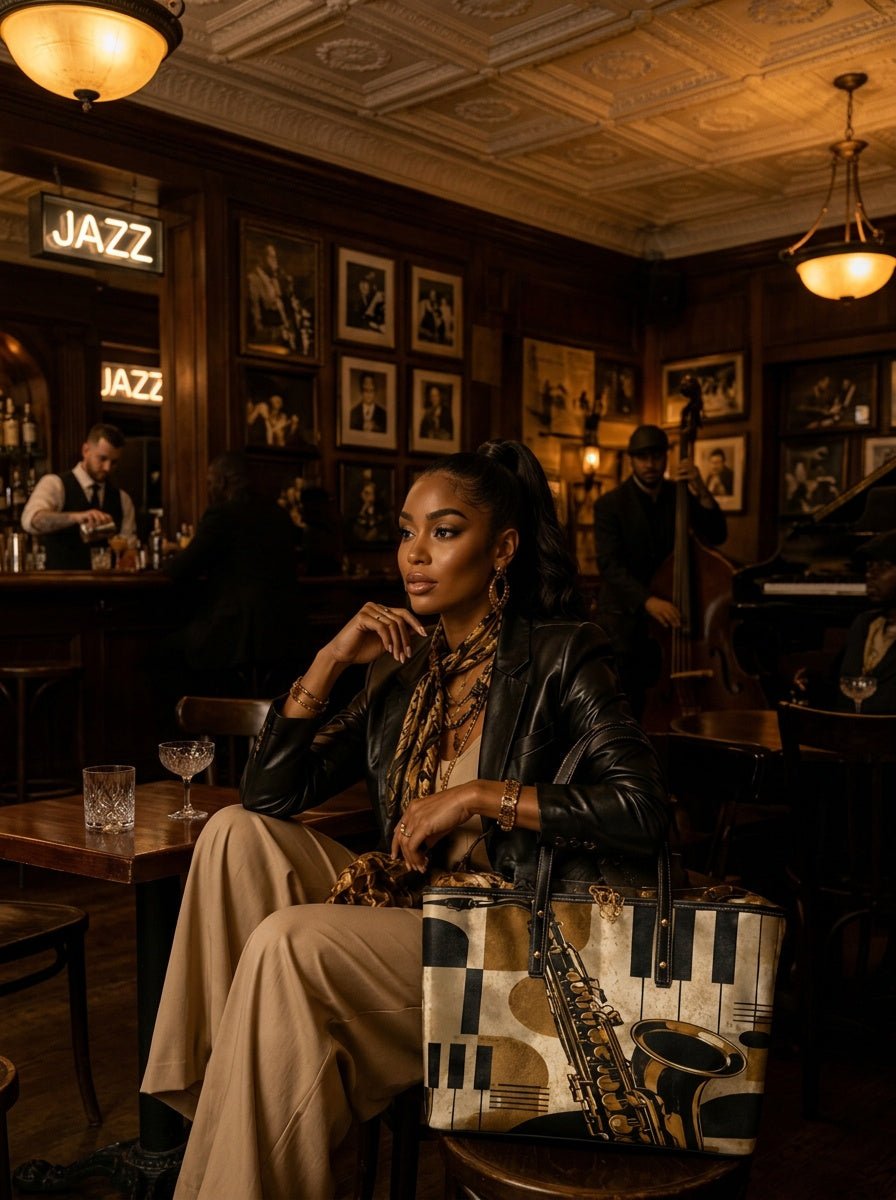 Rich and Rich Retro Jazz Vibes & Saxophone Women's PU Leather Tote Bag | Vintage Music-Inspired Fashion Handbag - Rich and Rich Homeopportunities