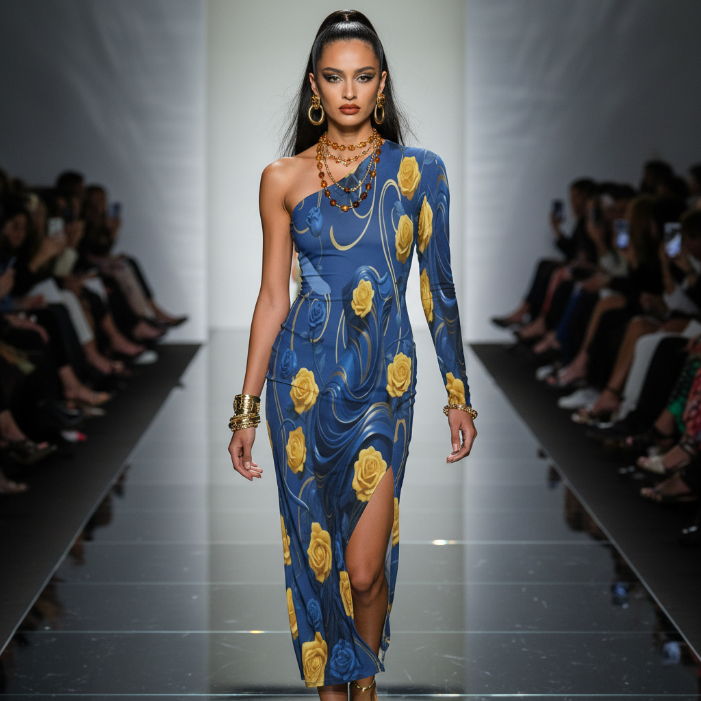 Rich and Rich Women's Yellow and Blue Roses One-Shoulder Maxi Dress with Side Slit