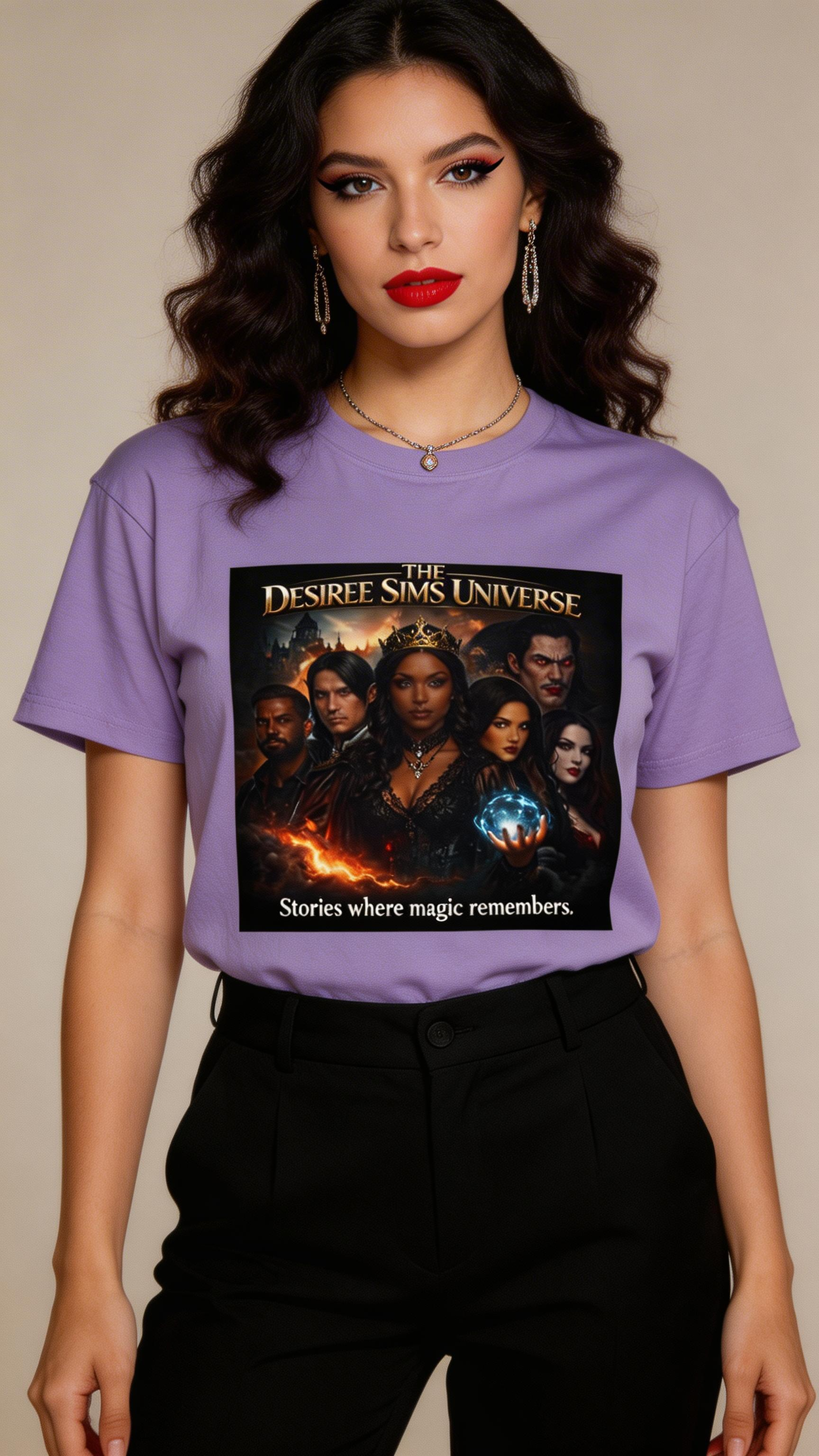 Desiree Sims Universe Fantasy Series Cast Poster T-shirt with cinematic magic print on garment-dyed fabric