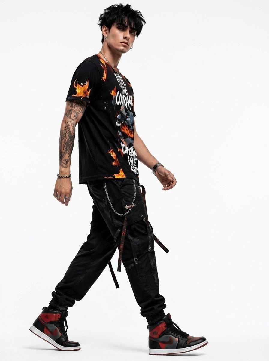 Black men's t-shirt with 'Courage' design, rounded ribbed neckline and relaxed fit — product detail
