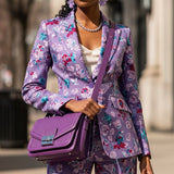 Purple floral kisslock crossbody bag in waxed PU with removable shoulder strap and top handle — additional view 9