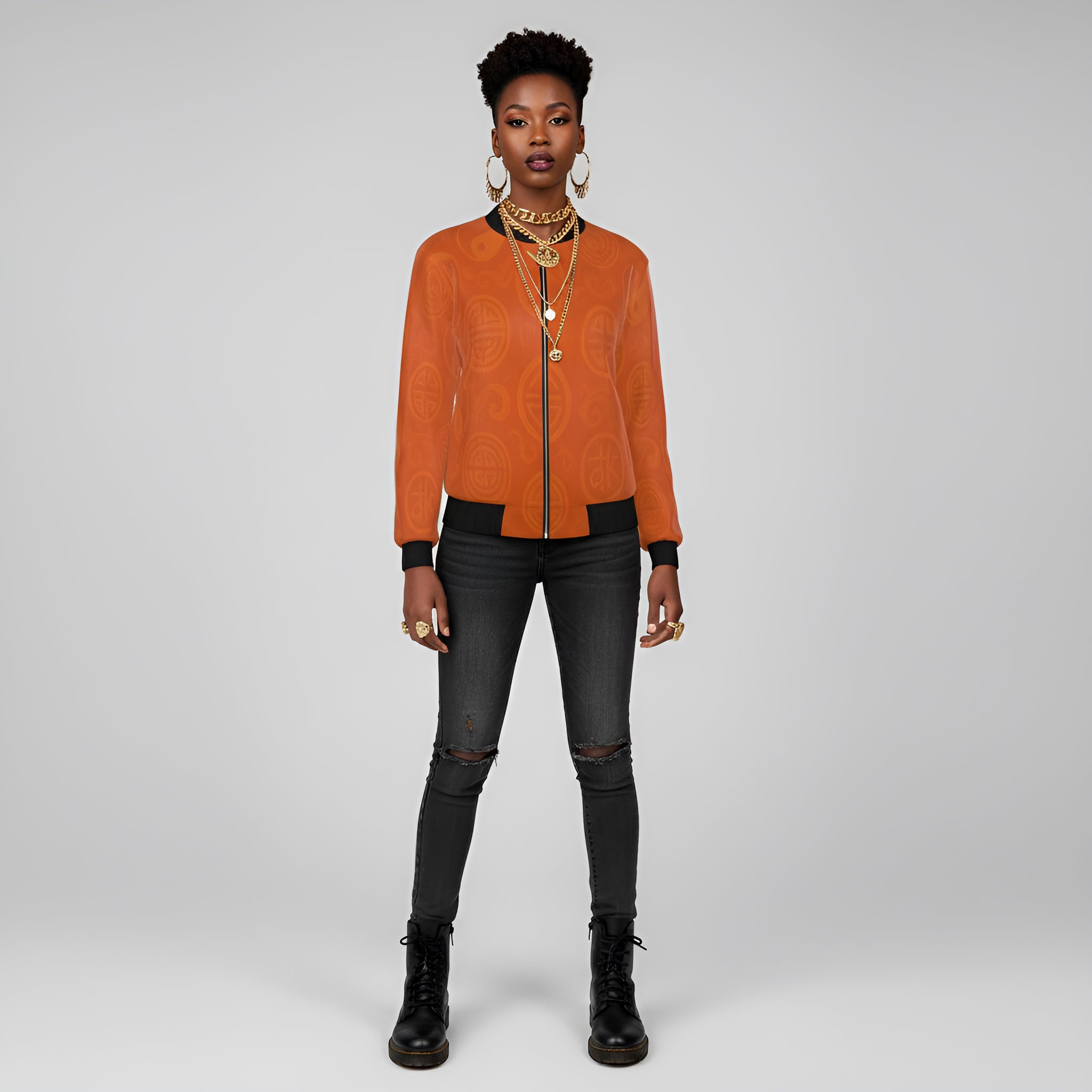 Rich and Rich Women's Orange Feng Shui Reversible Silk Bomber Jacket