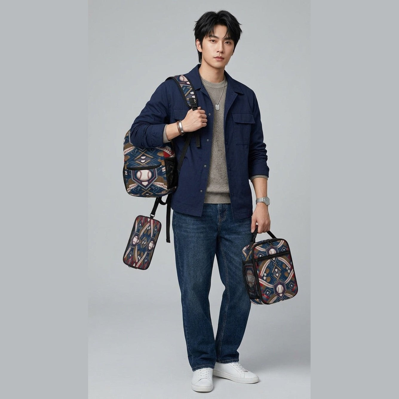 Blue baseball-themed three-piece backpack set with backpack, insulated lunch bag, and pencil case — side view