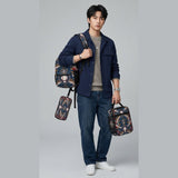 Blue baseball-themed three-piece backpack set with backpack, insulated lunch bag, and pencil case — side view