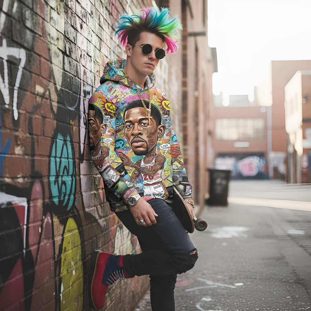 Rich and Rich Multicolor Basketball Man Caricature Men's Hoodie front view