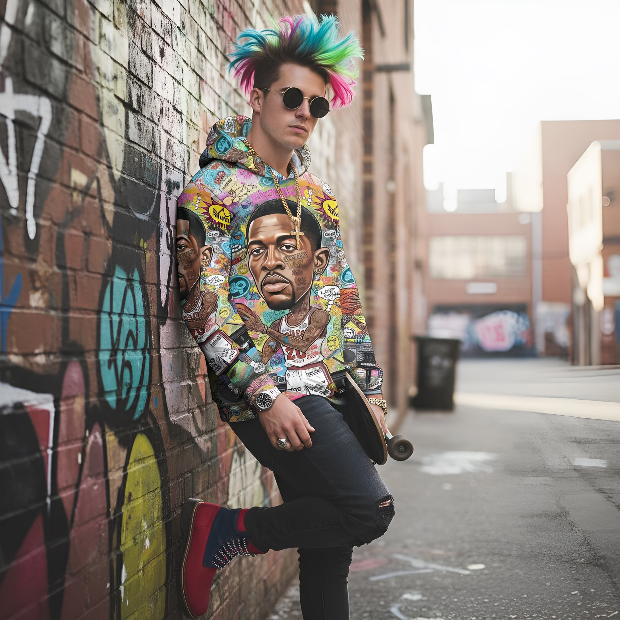 Rich and Rich Multicolor Basketball Man Caricature Men's Hoodie front view