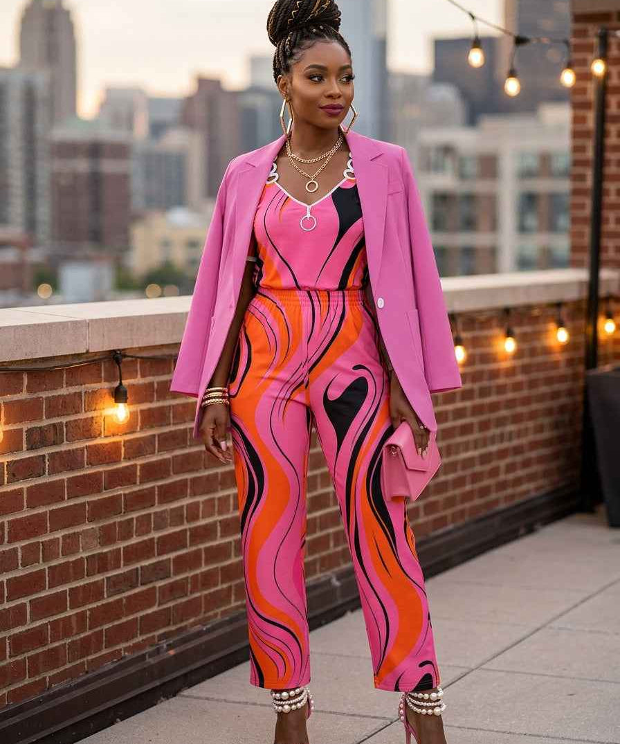 Women's pink swirl pants set with off-shoulder top and matching pink blazer — alternate view