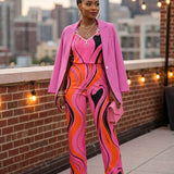 Women's pink swirl pants set with off-shoulder top and matching pink blazer — alternate view