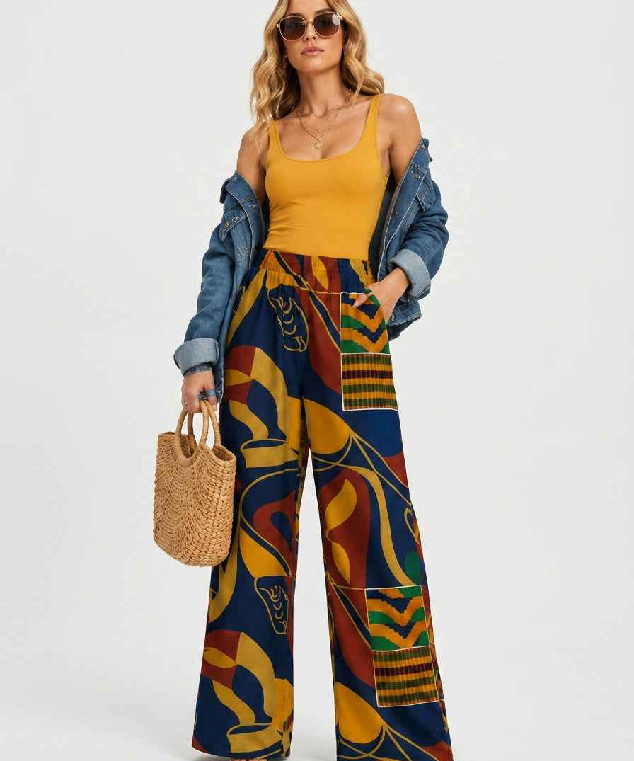 Blue multicolor women's relaxed straight-leg pants with elastic waistband and side pockets