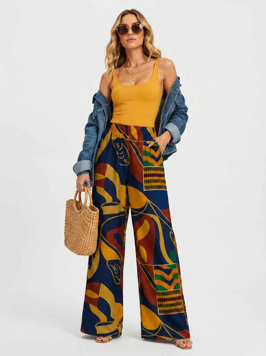 Rich and Rich Blue Multicolor Women's Loose Pants Without Drawstring - Rich and Rich Homeopportunities