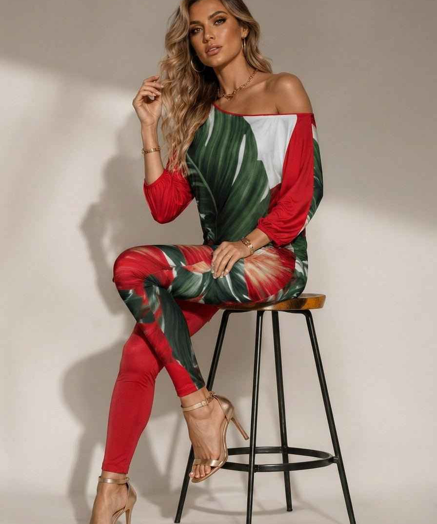 Women's off-shoulder two-piece set with diagonal safari green and red floral print — alternate view