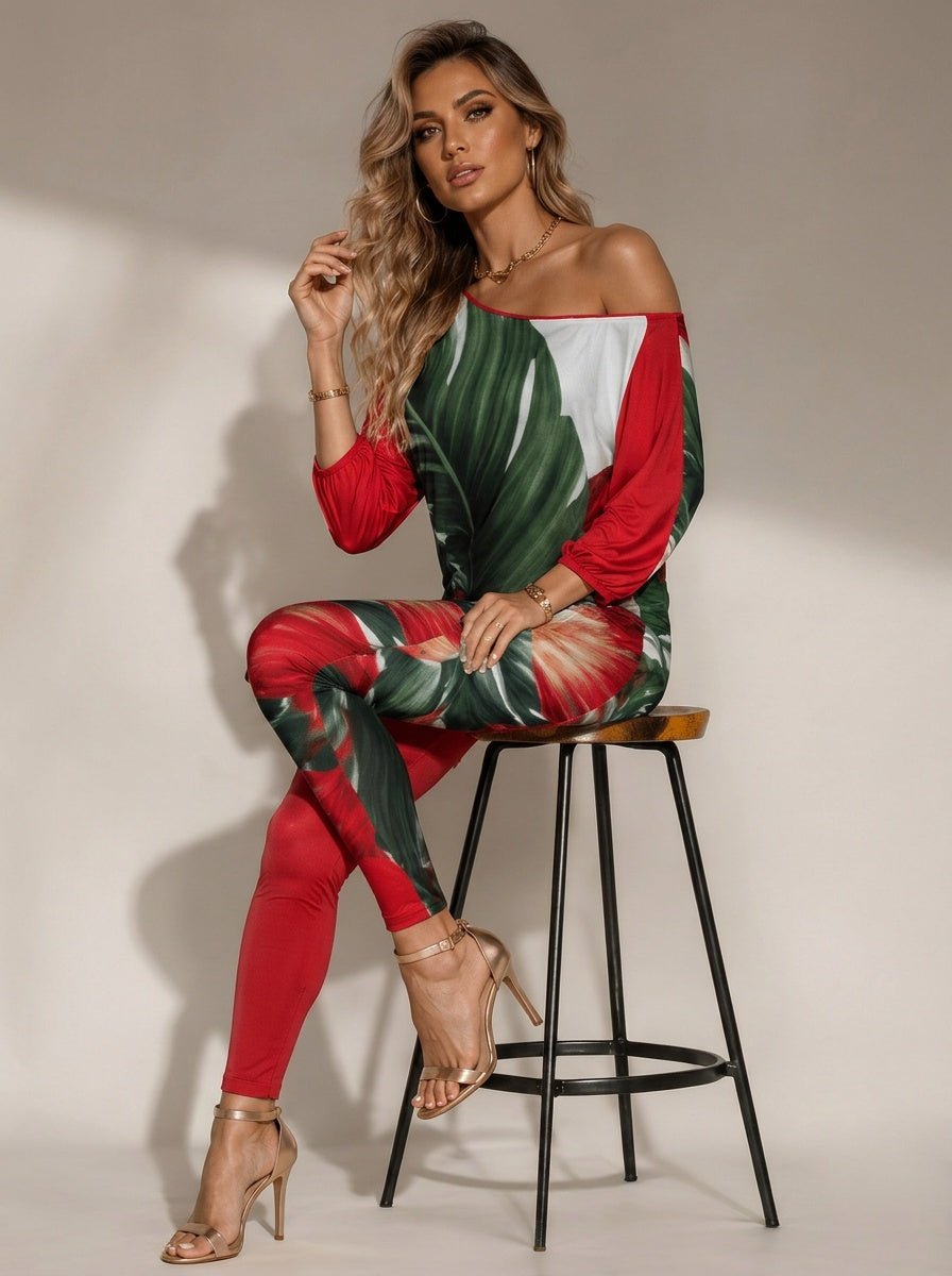 Rich and Rich Diagonal Safari Green Red Women's Off-Shoulder Two-Piece Set - Rich and Rich Homeopportunities