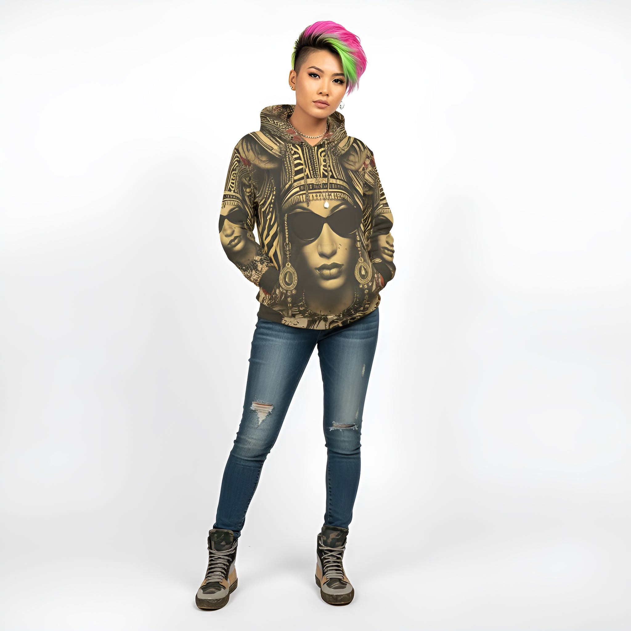 Camo brown high-top sneaker with extra-large tongue, bumper cup sole and padded ankle collar