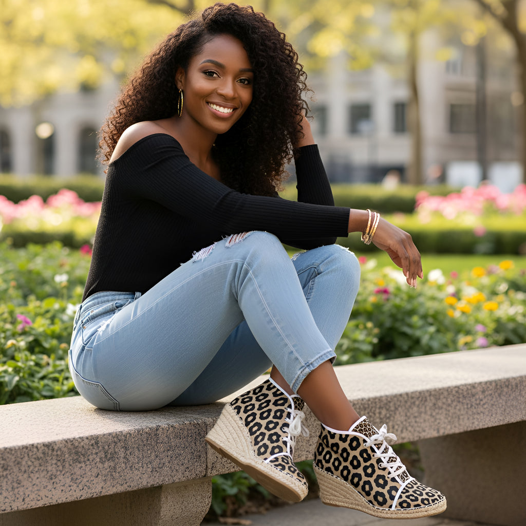 Rich and Rich Animal Print Ladies Wedge Heel Espadrilles showing stylish animal pattern and wedge heel