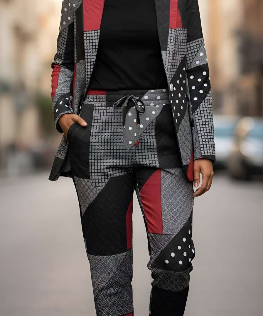 Red and black abstract wide-leg women's trousers with elastic drawstring waistband
