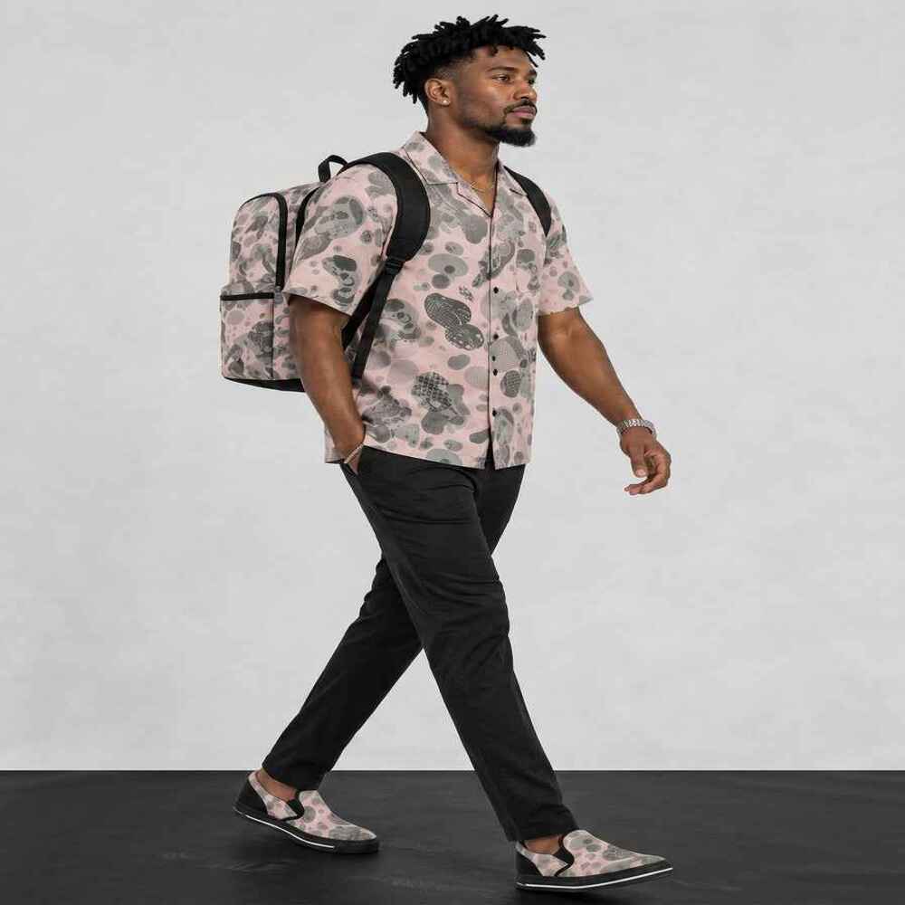 Rich and Rich Men's Pink Abstract 3-Piece Hawaiian Shirt, Slip-On Canvas Shoes & Backpack Set | Casual Vacation Travel Outfit - Rich and Rich Homeopportunities