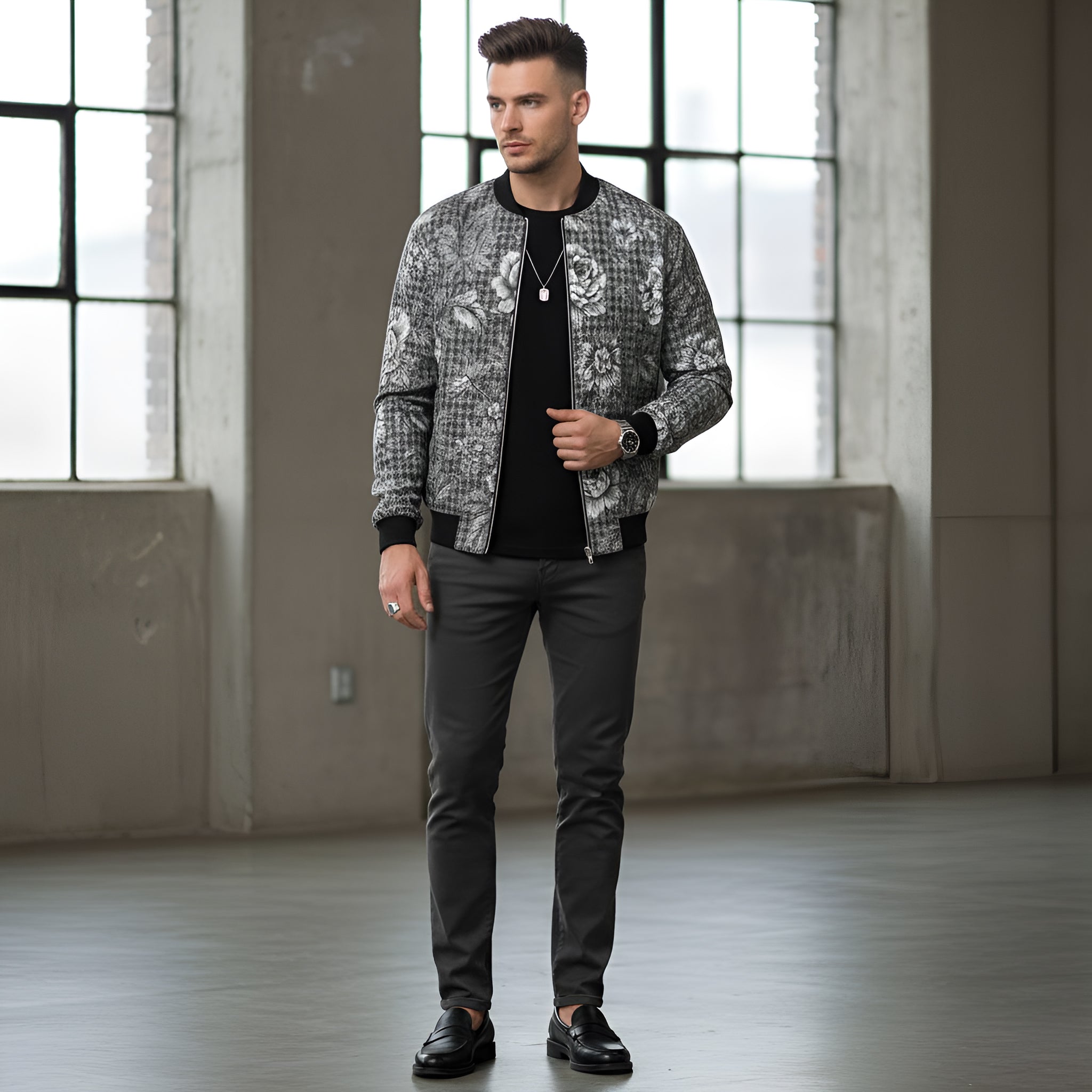 Gray floral reversible bomber jacket with silk satin side and organic cotton reverse, ribbed cuffs — additional view 11