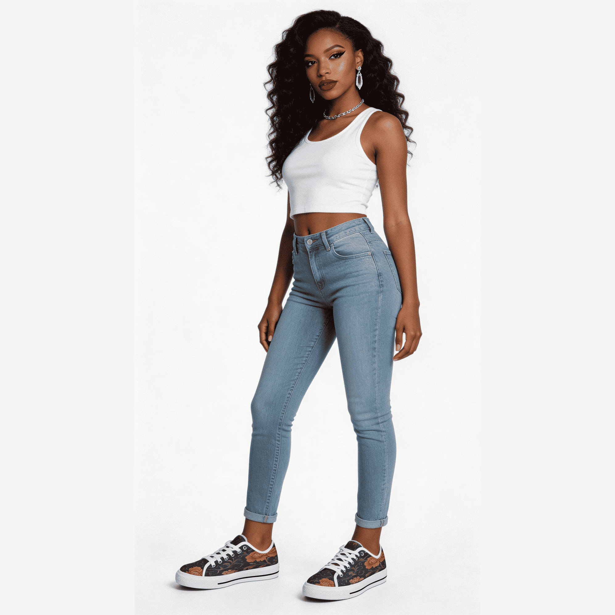 Blue floral low-top women's sneaker with nylon canvas body and rubber outsole — rear view