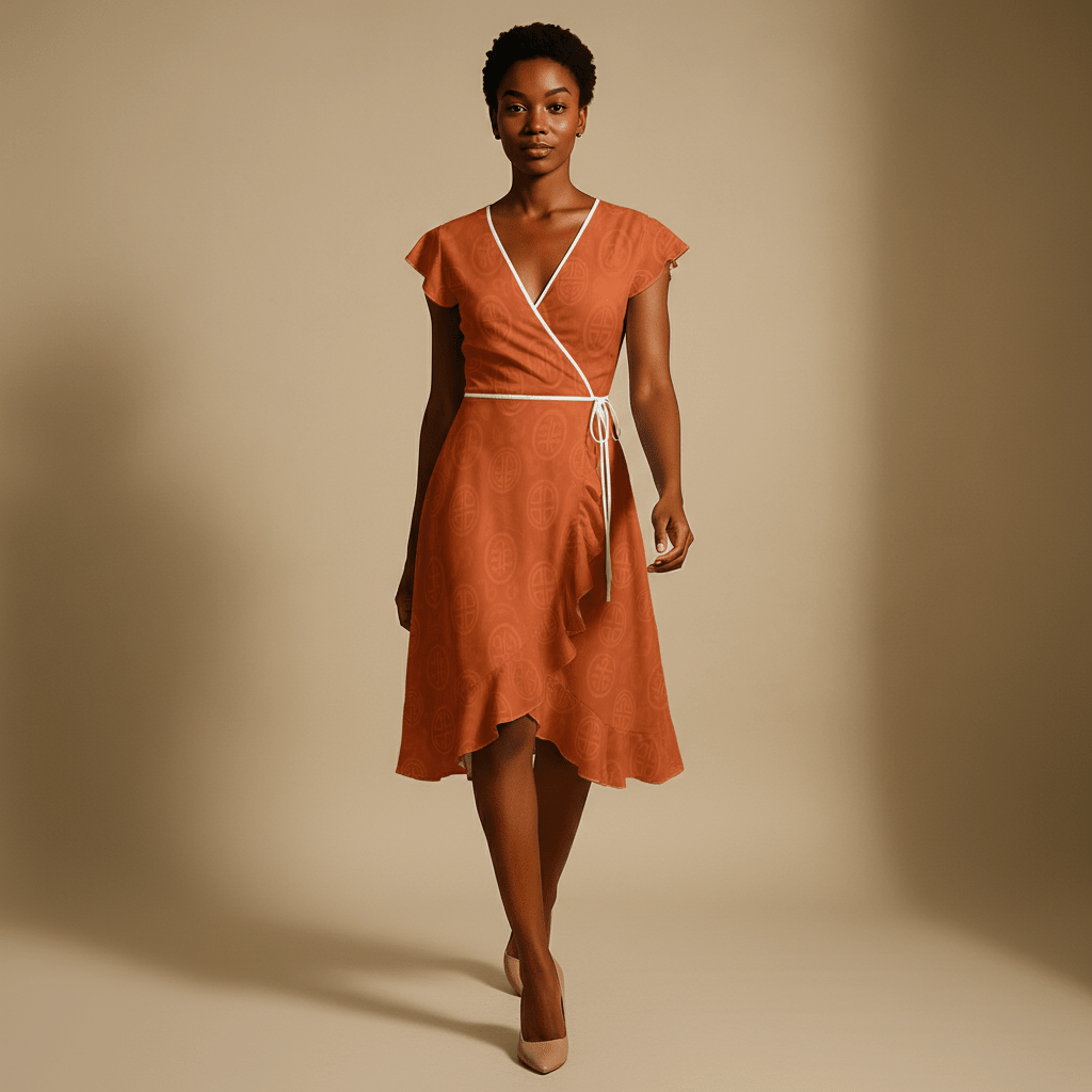 Orange tea dress with flounce hem and waist tie in satin-blend fabric — alternate view
