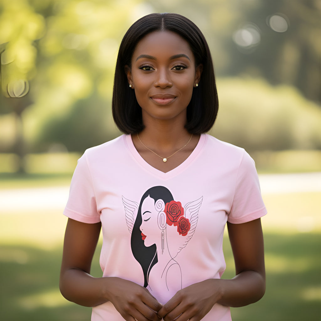 Rich and Rich Woman Rose Light Pink Designer T-Shirt with deep V-neck on white background