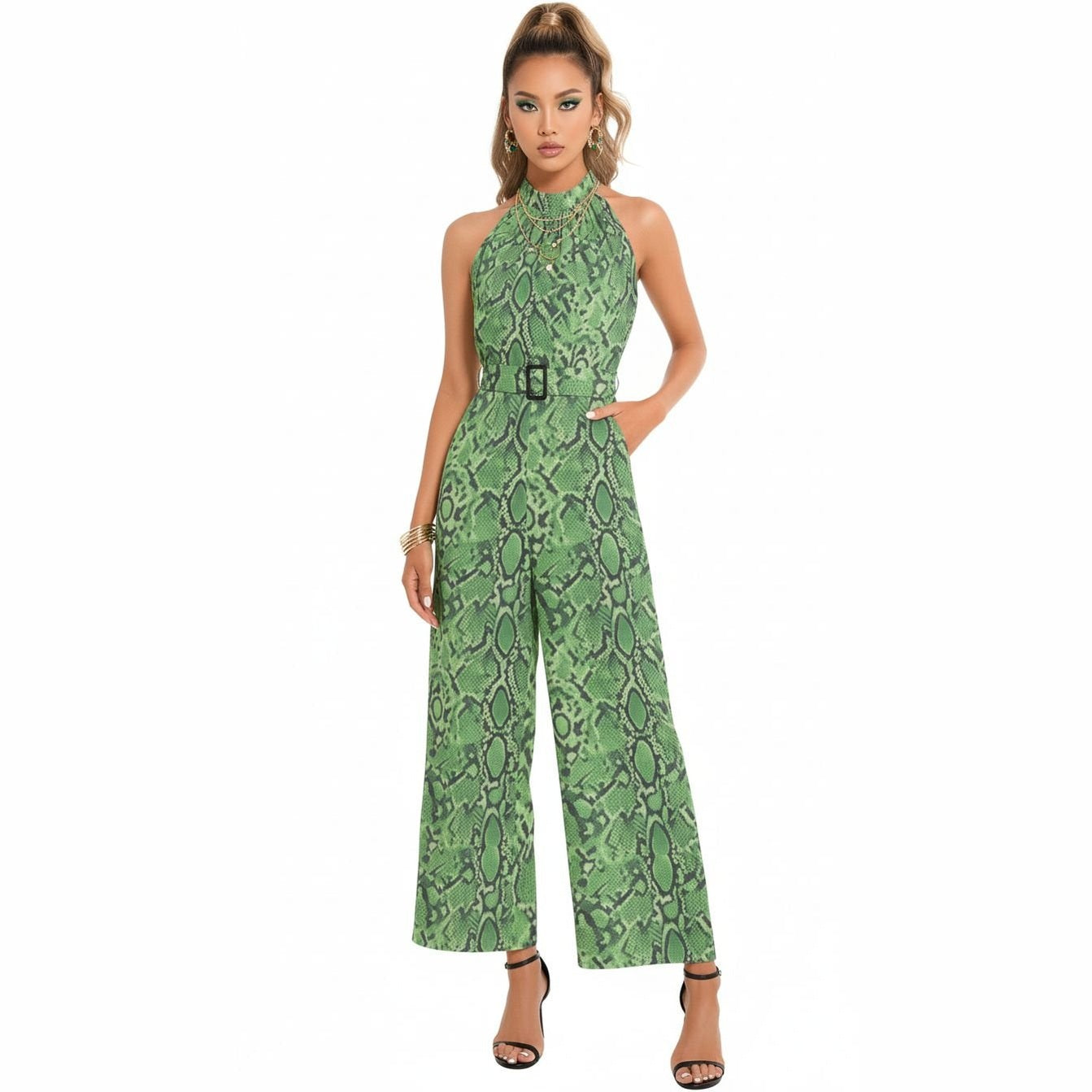 Green abstract print halter-neck chiffon jumpsuit with belted high waist and pockets