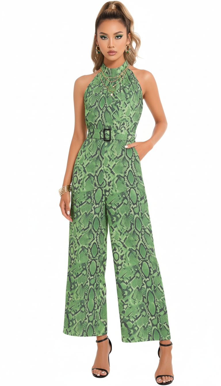 Rich and Rich Green Abstract Halter Neck Buckle Belted Women's Jumpsuit