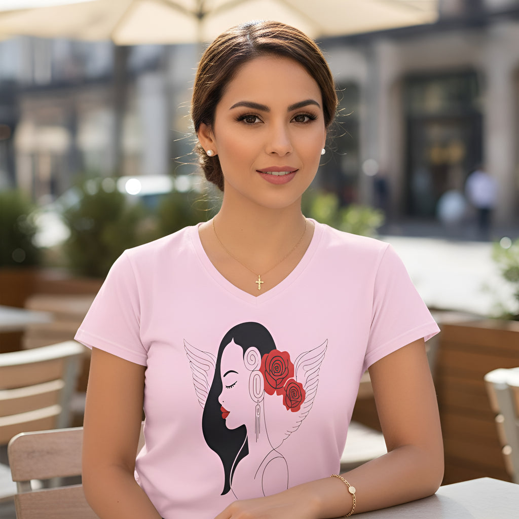 Rich and Rich Woman Rose Light Pink Designer T-Shirt with deep V-neck on white background