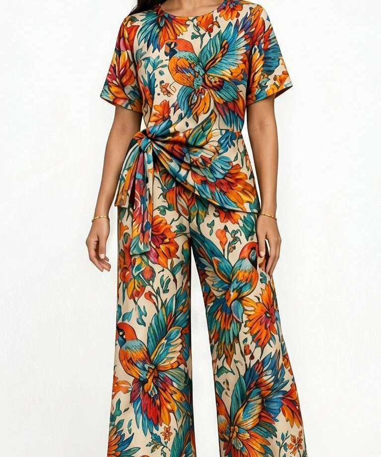Two-piece colorful bird print women's set with side-tie short-sleeve top and wide-leg pants