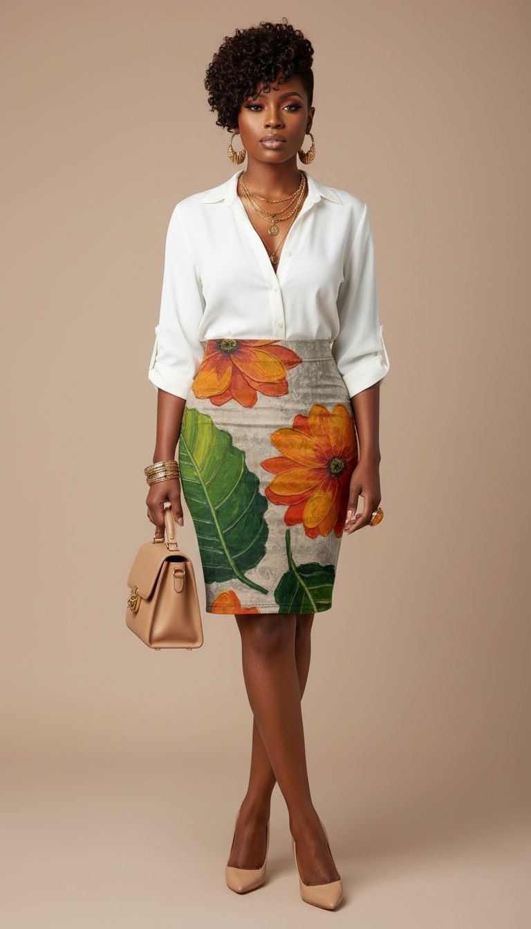 Rich and Rich Orange Floral Women's Pencil Skirt high-waisted poly-elastane blend with rear slit