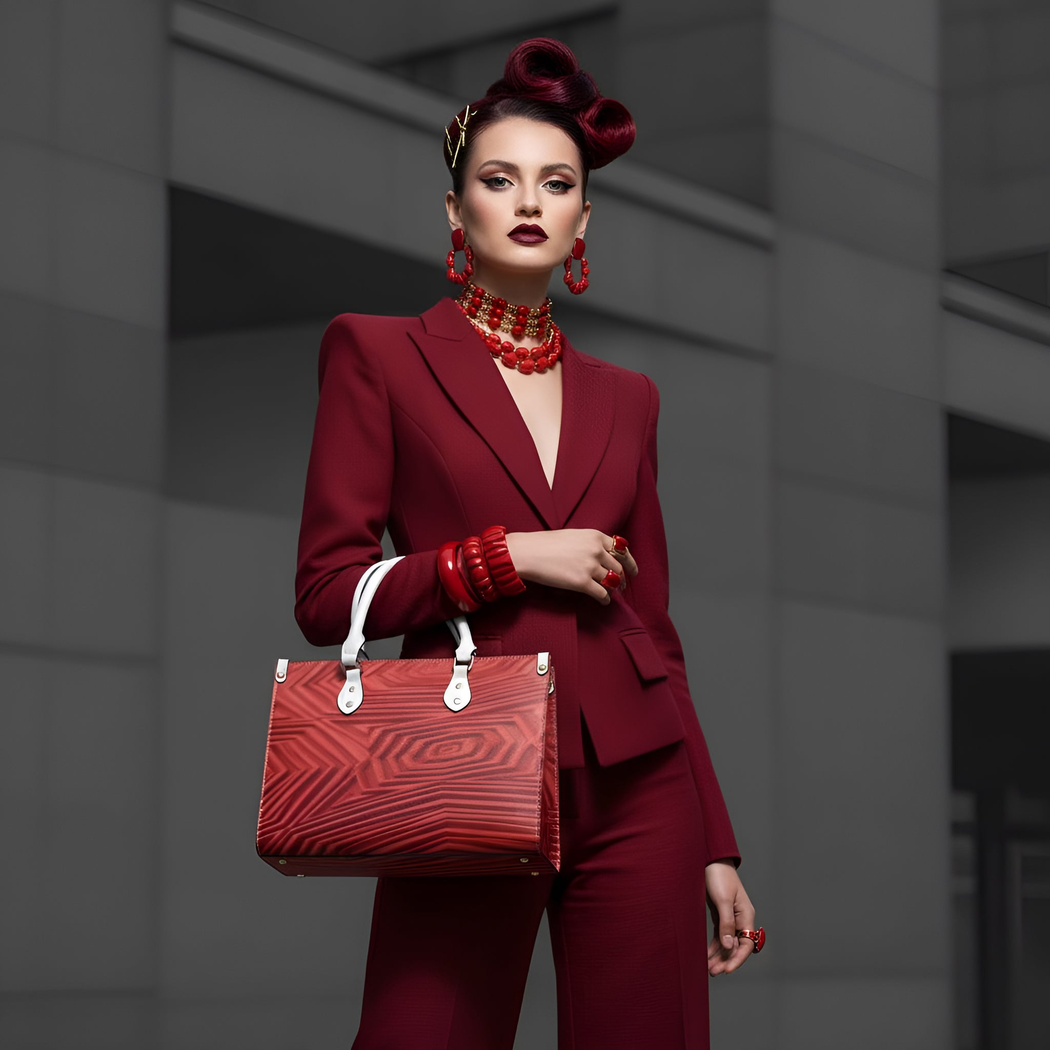 Red print medium women's handbag with top handle and removable shoulder strap — additional view 6