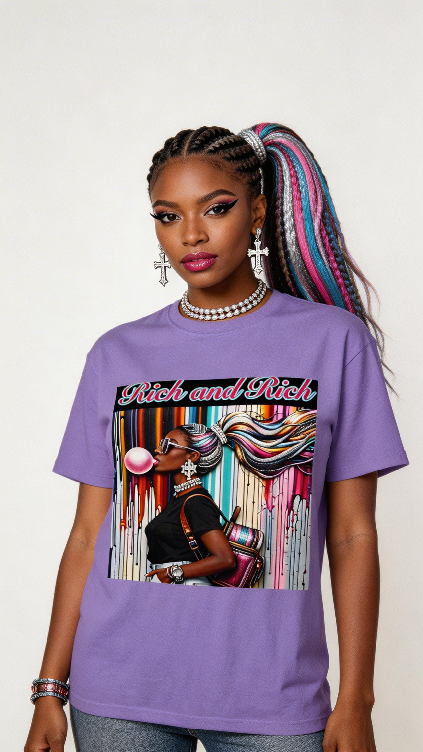 Unisex Rich and Rich colorful bubblegum street art graphic t-shirt featuring a figure blowing a rainbow bubble
