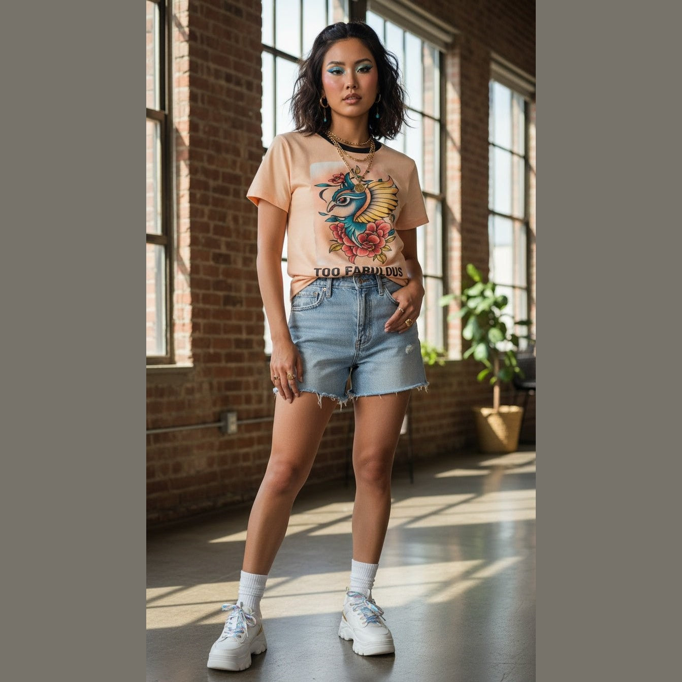 Women's all-over print "Too Fabulous" T-shirt with elastic neckband and relaxed fit — product detail