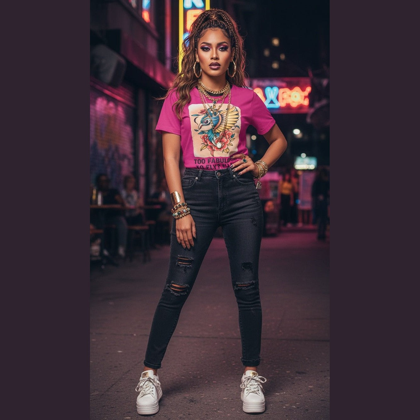 Women's all-over print "Too Fabulous" T-shirt with elastic neckband and relaxed fit — alternate view