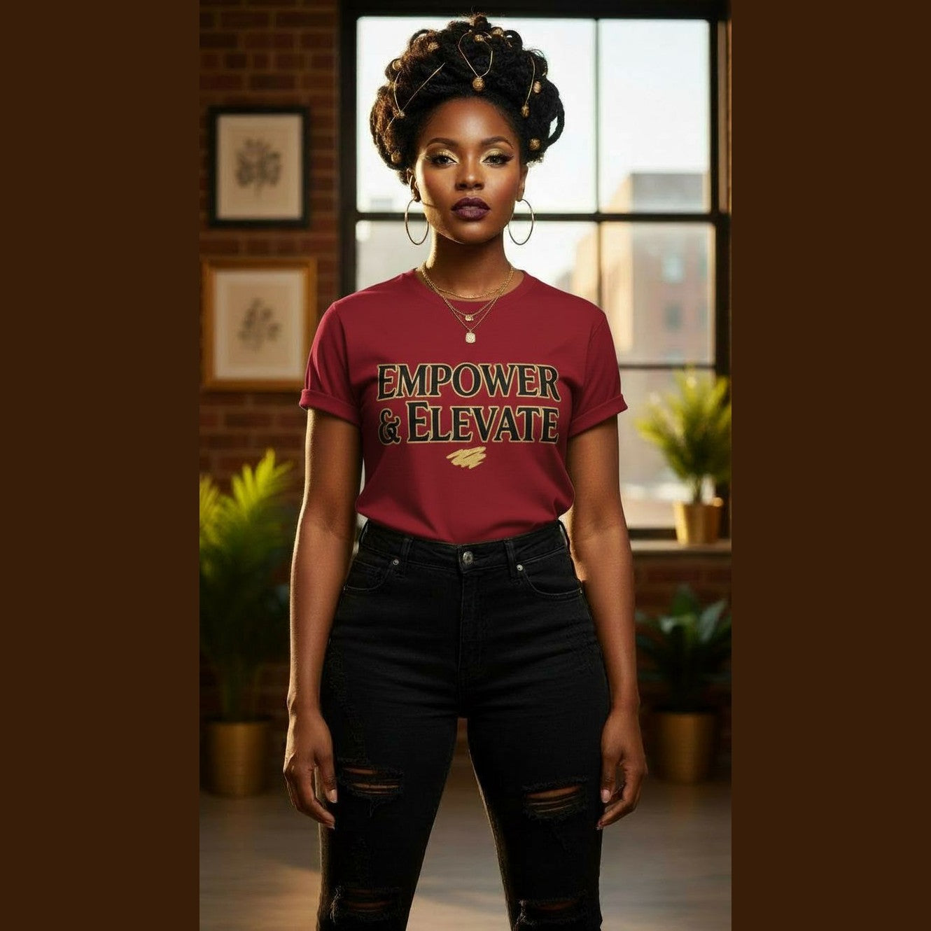 Women's relaxed-fit burgundy all-over print mesh T-shirt with 'Empower and Elevate' design