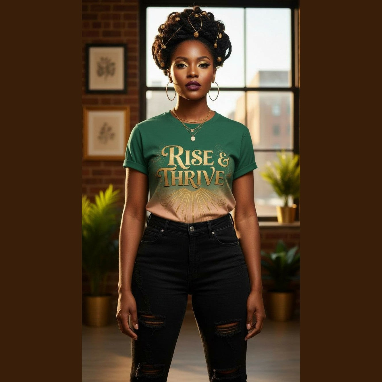 Women's relaxed-fit green all-over print mesh T-shirt with 'Rise & Thrive' design