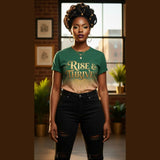 Women's relaxed-fit green all-over print mesh T-shirt with 'Rise & Thrive' design