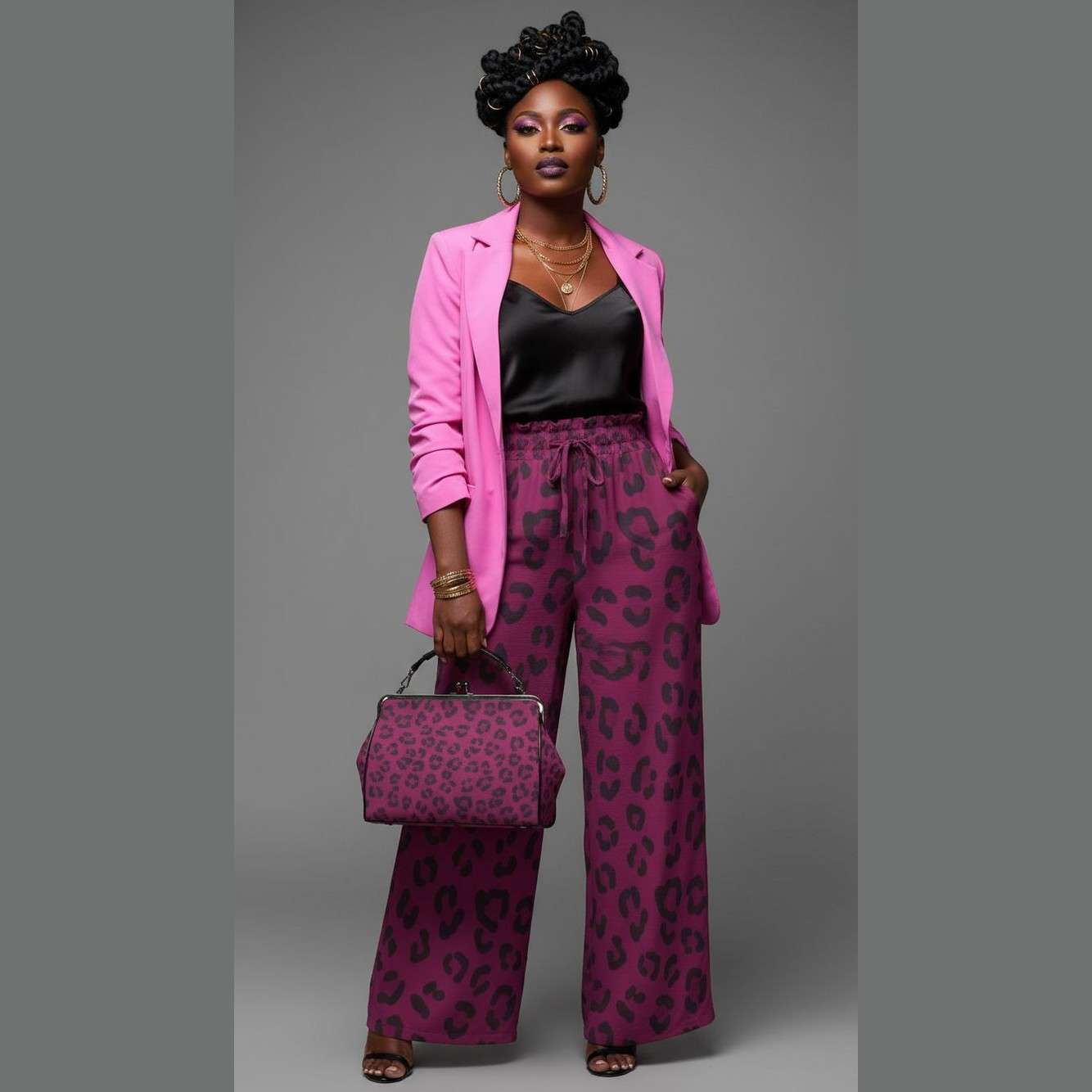 Magenta animal-print wide-leg women's pants with elastic drawstring waist and side pockets
