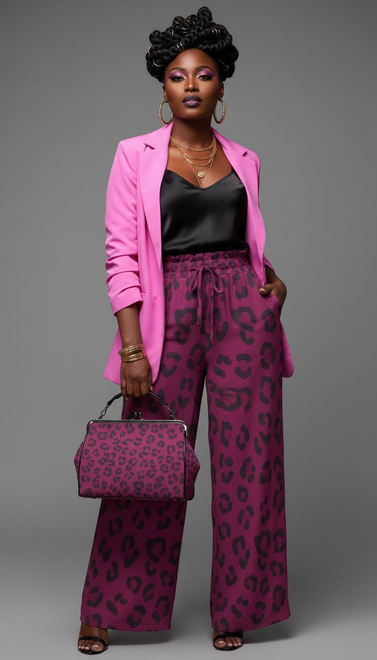 Rich and Rich Magenta Animal Print Women's Wide Leg Pants on mannequin