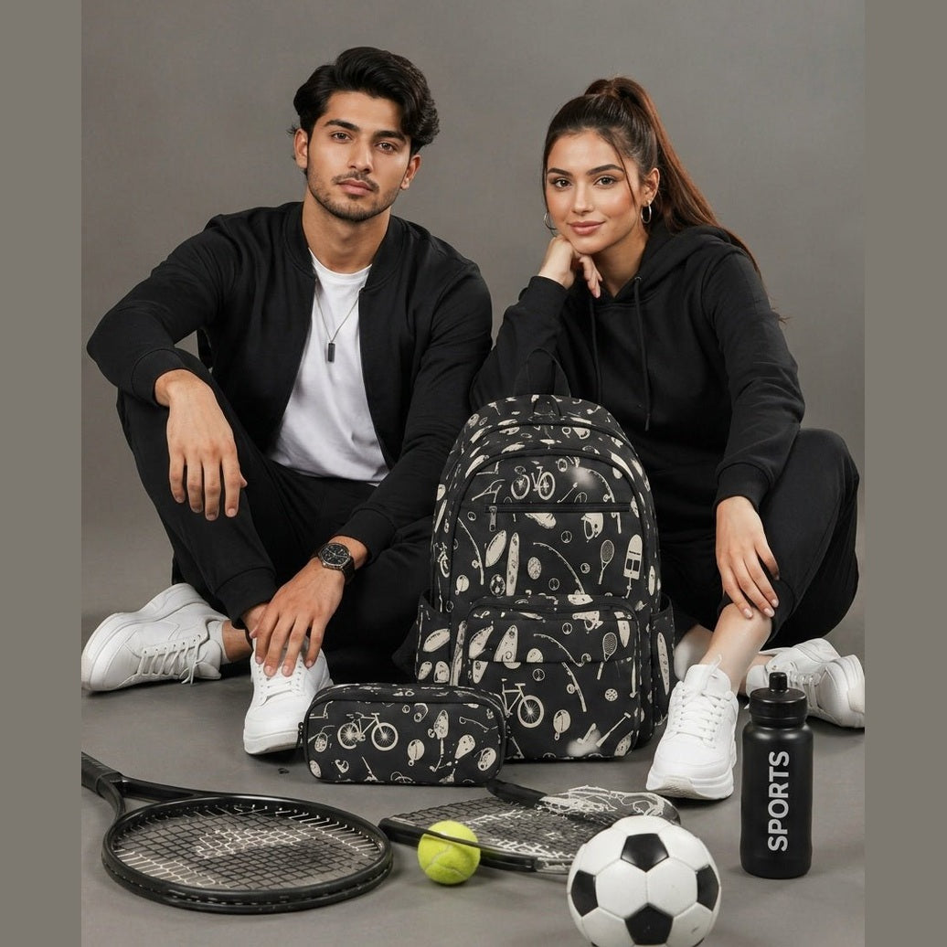 Travel backpack with sport-inspired artwork, padded laptop sleeve and multiple exterior pockets — product detail
