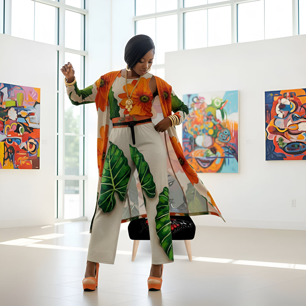 Rich and Rich Orange Floral Chiffon Pants Set featuring sleeveless top and wide-leg pants