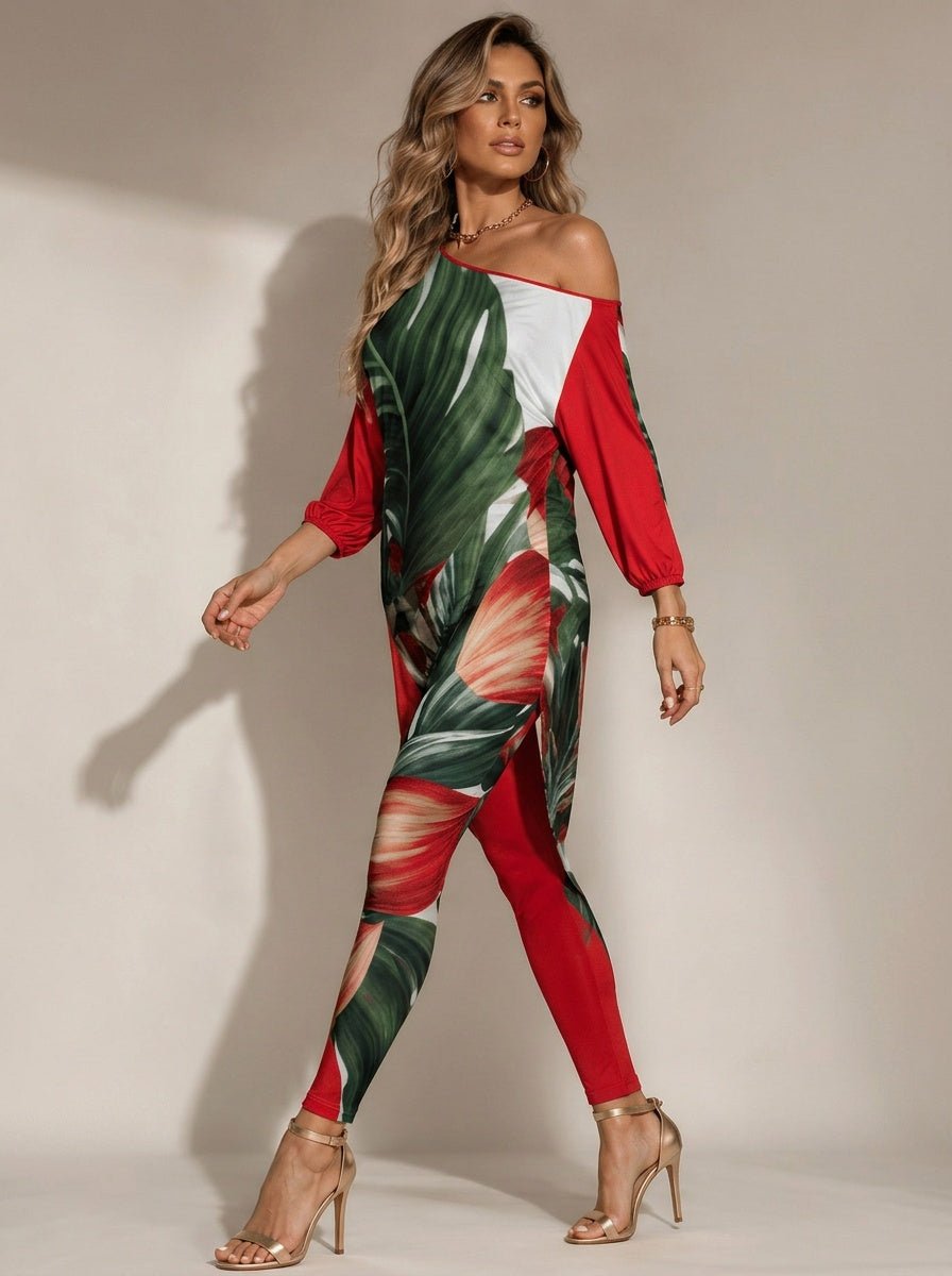 Rich and Rich Diagonal Safari Green Red Women's Off-Shoulder Two-Piece Set - Rich and Rich Homeopportunities