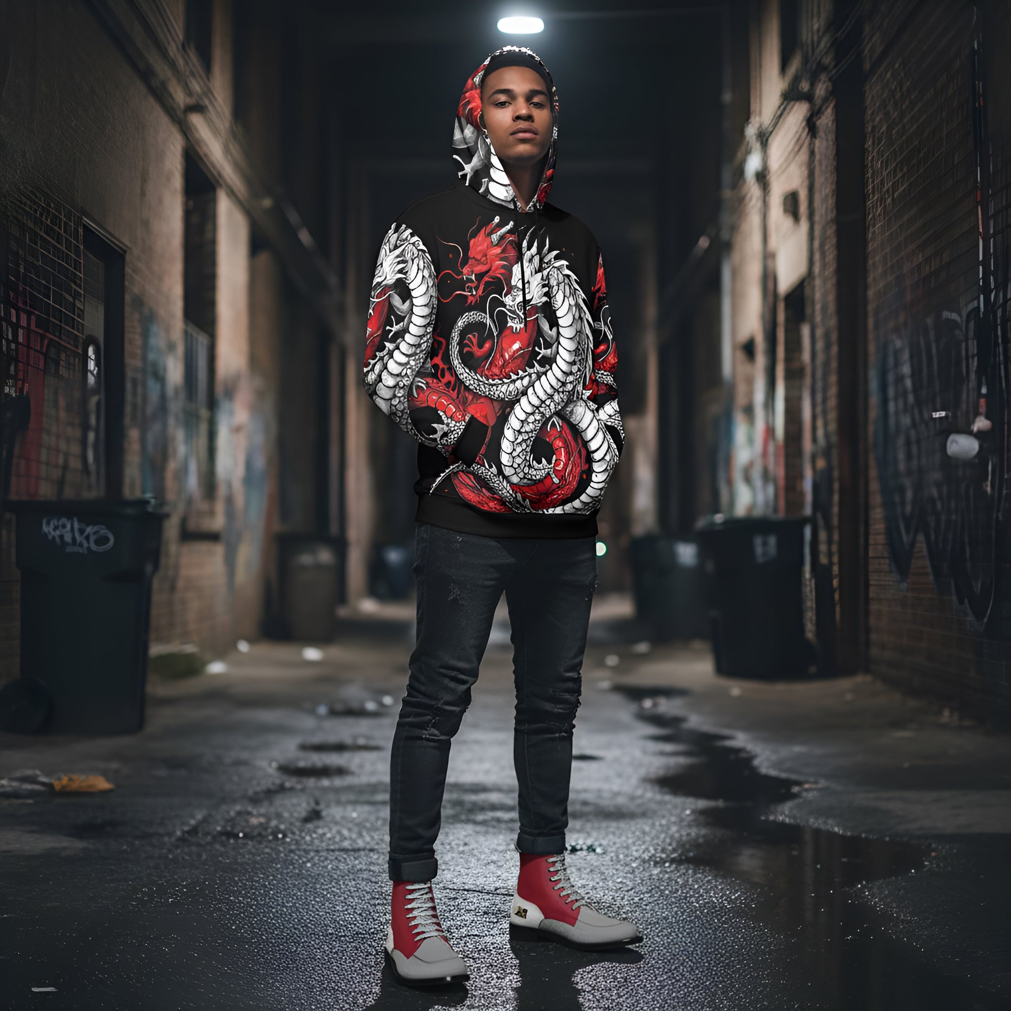 Rich and Rich Black and Red Snake Men's Hoodie featuring bold snake graphic design