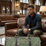 Camouflage woodland nylon weekender bag with PU leather handles and adjustable shoulder strap — side view
