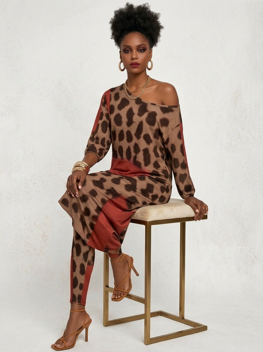 Rich and Rich Diagonal Red Animal Print Women's Off-Shoulder Two-Piece Set - Rich and Rich Homeopportunities