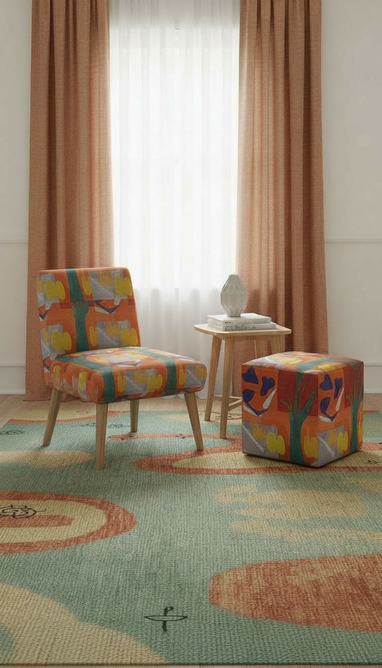 Rich and Rich Orange Abstract Designer Square Pouffe with vibrant velour fabric