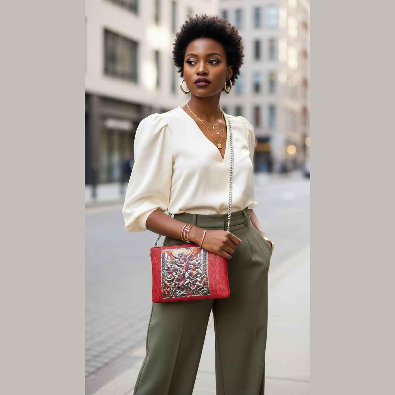 Red crossbody bag with Greek mythology inspired abstract colors and detachable nickel-plated chain strap — additional view 7