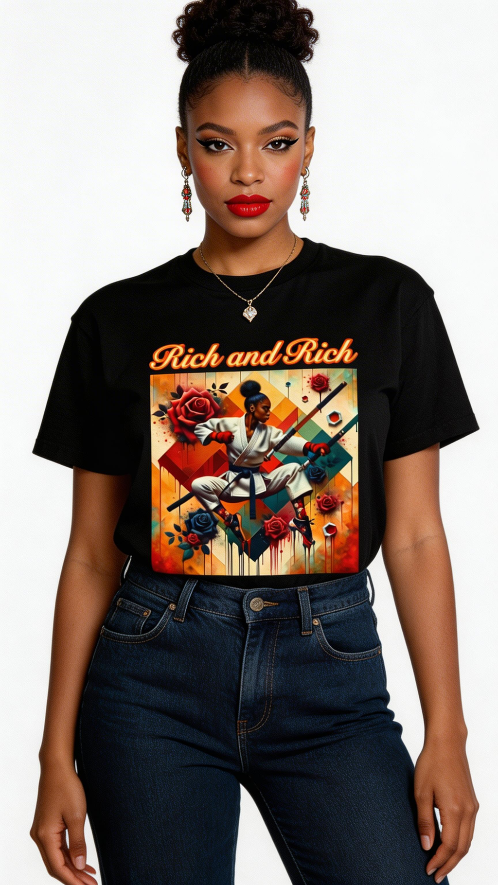 Rich and Rich Retro Floral Hip-Hop Artwork T-Shirt with bold graphic print on front