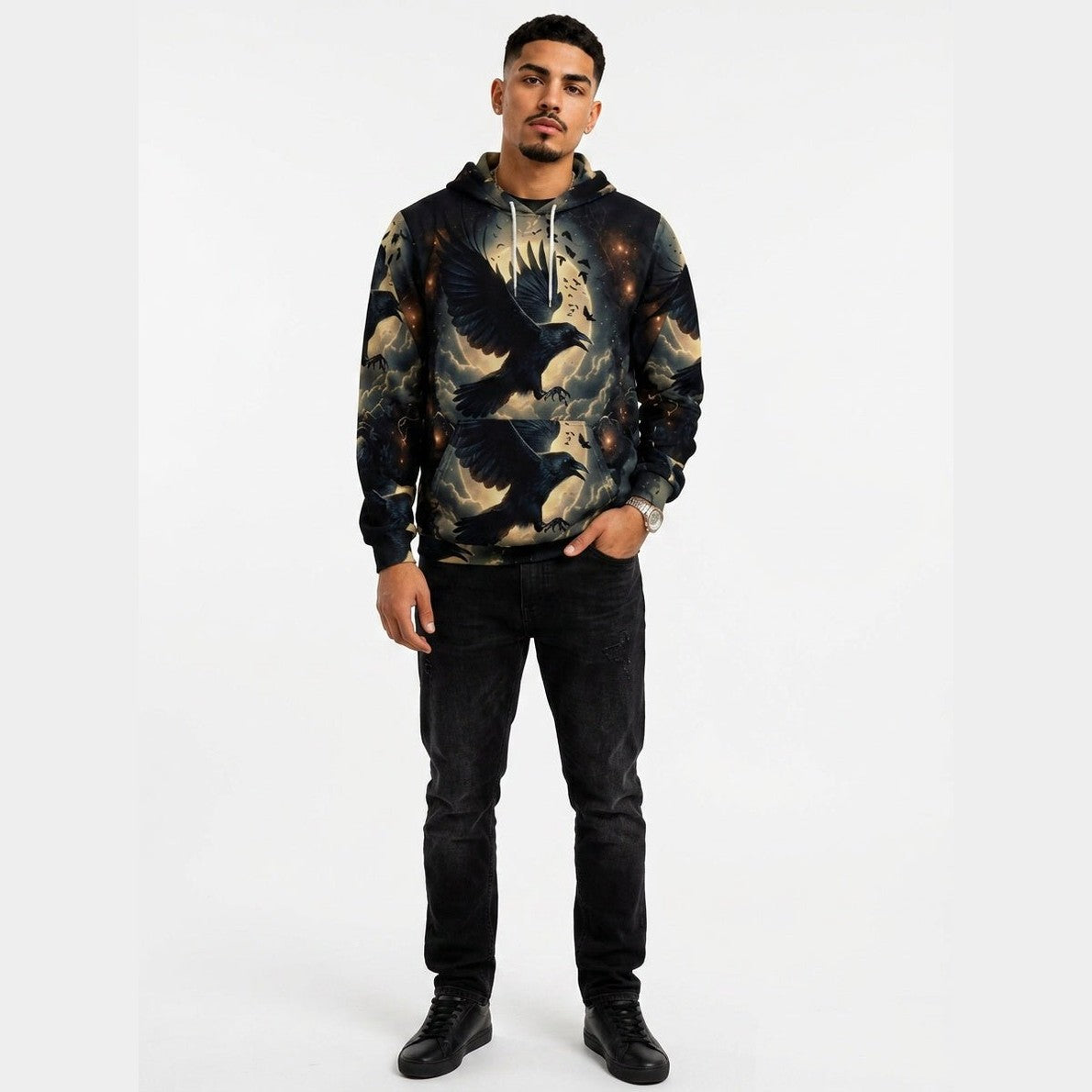 Front view of men's raven graphic sweatshirt on white background