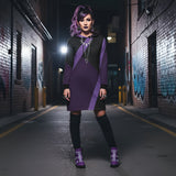 Oversized purple abstract hoodie dress with hood and deep front pockets